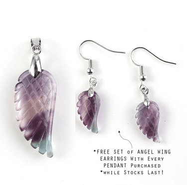 Hand Carved Natural Rainbow Fluorite Stone Angel Wing Pendant-FREE EARRINGS included!